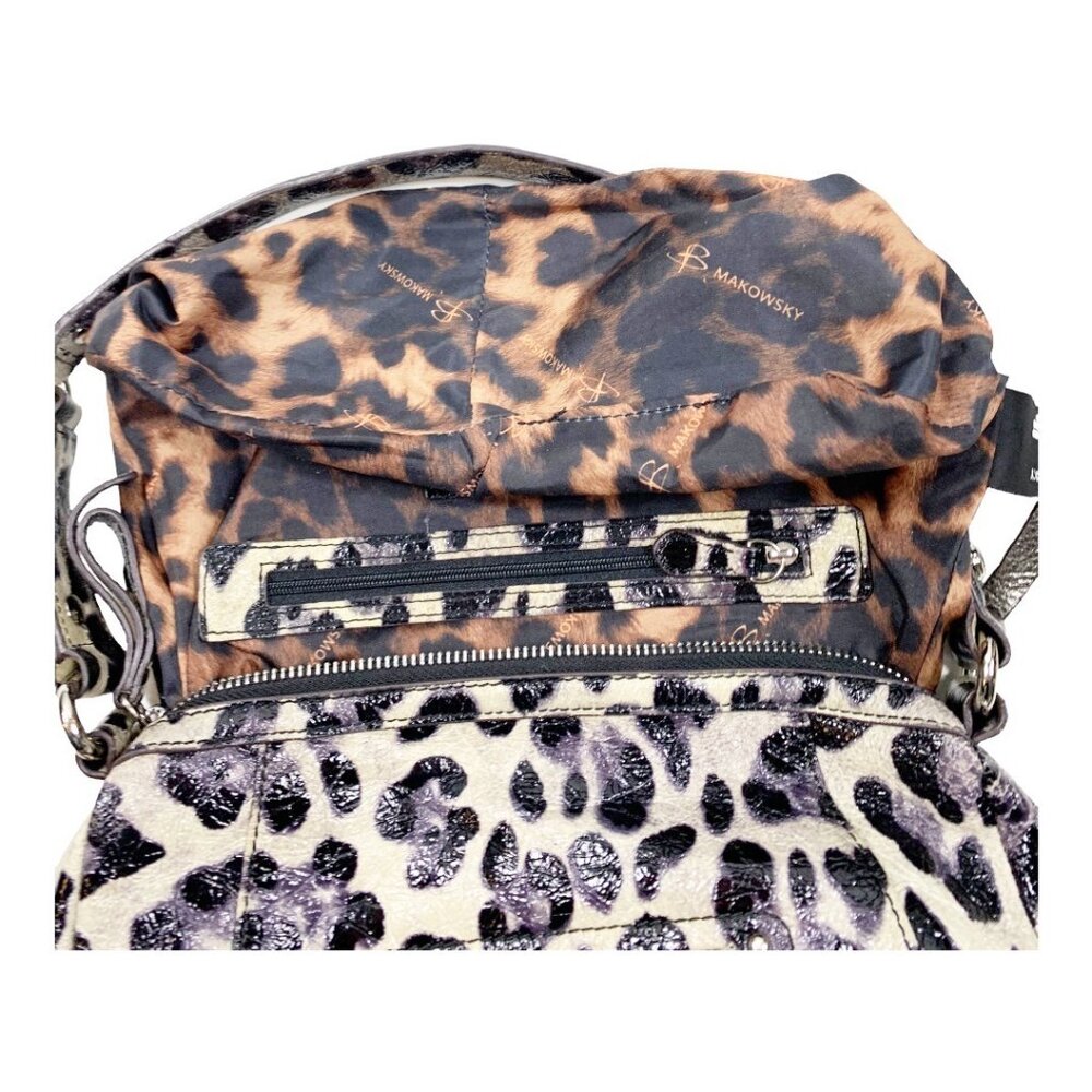B. Makowsky Shiny Leopard Print Genuine Leather Satchel Handbag Purse - Picture 14 of 16
